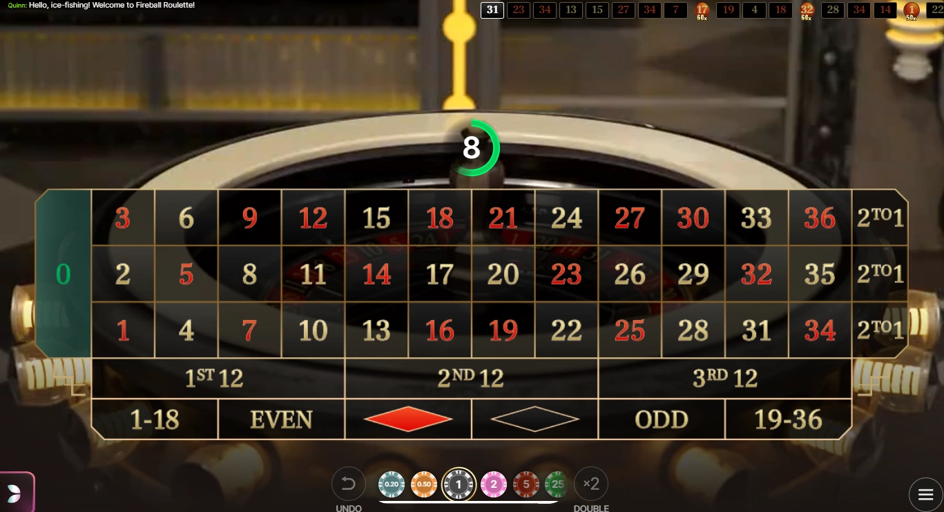 Fireball Roulette insatsrutnät med nummer, dussin och yttre insatser