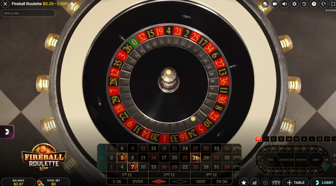 Fireball Roulette-hjul närbild under ett live-snurr