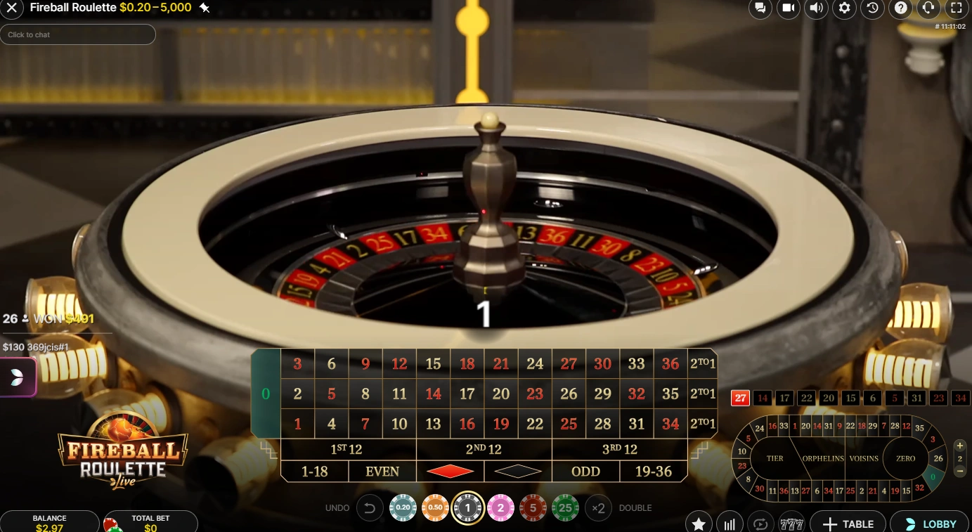 Fireball Roulette bord med racetrack-insatsområde för granninsatser